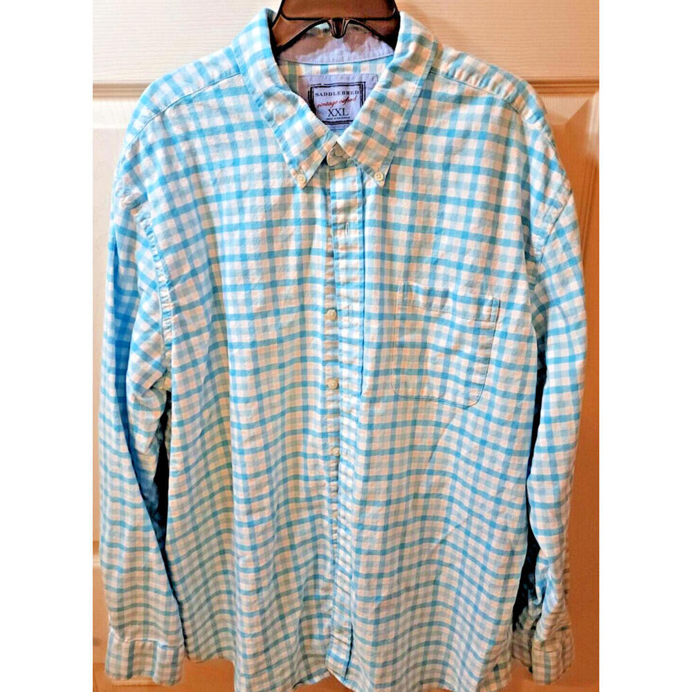 Saddlebred Shirt Mens XXL Blue Plaid Cotton Button Down Collar Long Sleeve
